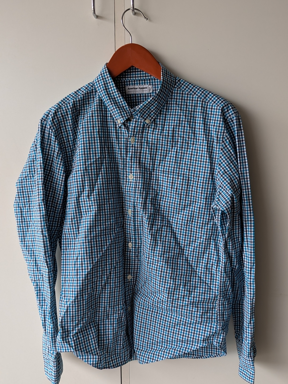 American Apparel Teal and Navy Check Button-Down Shirt